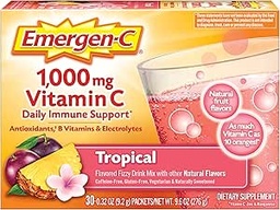 Emergen-C 1000mg em pó de vitamina C, com antioxidantes, vitaminas B e eletrólitos, suplementos de vitamina C para suporte imunológico, mistura de bebida de cafeína, sabor tropical - 30 contagem/1 mês de fornecimento