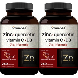 NatureBell Zinc Quercetin com Vitamina C & D3, 480 Cápsulas (2 Pacote) Ourcetin 1,000mg + Zinc 50mg + Vitamina C 250mg + Vitamina D3 5.000 UI