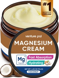 Venture Pal Magnésio Loção, creme de magnésio tópico para dormir, Cãibras de pernas e dor, Relaxamento muscular, Calmo, Hidratante Suplemento com óleo de coco, Manteiga de Karité e Ácido Hialurônico, seguro para crianças