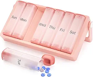 Organizador de comprimidos por semana 2 vezes por dia, KOVIUU grande caixa de pílulas de viagem 7 dias, Am Pm duas vezes diária caso de pílulas com alça rotativa, suporte de pílulas recipiente para vitamina, medicina, Suplemento, óleo de peixe, rosa