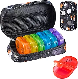 Serfeymi Semanal viagem pílula organizador 2 vezes um dia AM PM atualizado Rainbow Pill Box 7 dia com portátil Zipper Canvas caixa de pílulas, Medicina Organizador de pílulas, vitaminas, óleo de peixe - Preto 02