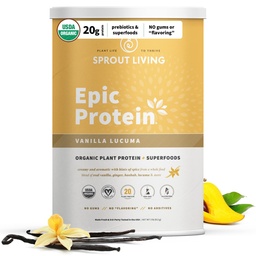 Sprout Vivendo proteína épica, proteína baseada em plantas e superalimentos em pó, Vanilla Lucuma pó, 20 gramas de proteína orgânica em pó, Vegan, Não lácteos, Não-GMO, Glúten livre, Baixo açúcar (2 libras, 24 Servings)