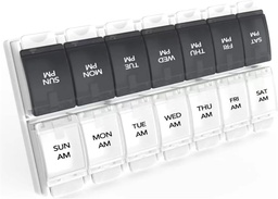 Sukuos AM PM Organizador de comprimidos de 7 dias por semana, 2 vezes uma caixa de pílulas dia com botão de pressão amigável Artrite, casos de medicina para vitamina / óleo de peixe / suplementos, fácil de limpar (preto & branco)