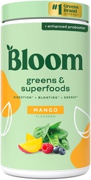 Bloom Nutrition Superfood Greens Pó, Enzimas Digestivas com Probióticos e Prebióticos, Gut Health, Bloating Alief for Women, Chlorela, Green Juice Mix with Beet Root Powder, 60 SVG, Mango