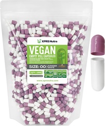 XPRS Nutra Tamanho 00 Cápsulas Vazias - 1000 Contagem Cápsulas Veganas Vazias - Pílulas Vegetarianas Vazias - DIY Cápsulas Vegetais Preenchimento- Veggie Pill Caps (Lavander / Branco)