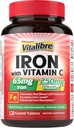 Suplemento de ferro 65mg com vitamina C, ferro carbônico amigável estômago, alta potência e absorção, para níveis de ferro e energia saudáveis, suporta a produção de células sanguíneas vermelhas, 120 comprimidos