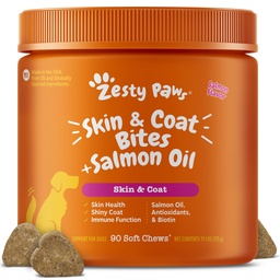 Zesty Paws Salmon Oil para cães pele e casaco, Omega 3 Fish Oil Chews, Dog Allergy Relief Chews, Itch Relief Supplement, 90 Count, Salmon Flavor