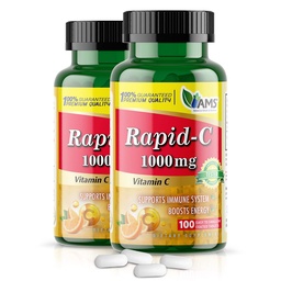 América Medic & Science Rapid-C 1000mg Suplemento de vitamina C (2 pacote de 100 comprimidos) Fortalecedor de energia, Suporte diário do sistema imunológico, Antioxidante Vegan, Ácido ascórbico não-GMO revestido para homens adultos e mulheres