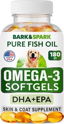 BARK & SPARK Omega 3 para cães - 180 Peixe Óleo Softgels para Dog Shedding, Alergia da pele, Itch Relief, Hot Spots Tratamento - Saúde comum - Pele e casaco Suplemento - EPA & DHA ácidos gordos - óleo de salmão