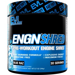 EVL Ultimate Pre Workout Powder - Suporte termogênico de queima de gordura pré-treino de bebida em pó para o foco de energia duradoura e resistência - ENGN Shred Intense Creatine Free Preworkout Drink Mix - Blue Raz
