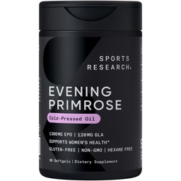 Sports Research Evening Primrose Supplement from Cold Pressed Oil - Softgels for Women’s Health & Skin Health - Gluten Free & Non-GMO GLA - High Potence 1300mg, 30 Count