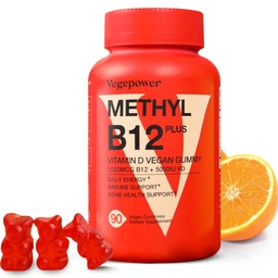Vitamina B12 D3 Gummies Vegan - 90 Contagem I 1000 MCG Metil B12 & 5000 UI Suplementos mastigáveis vitamina D para adultos e crianças - Imune Health & Daily Energy Boost - Não-GMO, Laranja