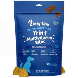 Zesty Paws Senior Dog Multivitamin Treats - Glucosamina para Cães + Enzimas Digestivas & Probióticos - Vitaminas e Suplementos para Cães Livres de Grãos para Pele & Revestimento + Frango Saúde Imune - Avançado - 60ct