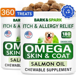 BARK & SPARK (Pacote de 2 Omega 3 para cães - 360 Mastigação de óleo de peixe para pastoreio de cães, Alergia da pele, Itch Relief, Tratamento de Manchas Quentes - Saúde Conjunta - Pele & Revestimento Suplemento - EPA&DHA Ácidos gordos