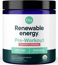 Ora Orgânico Natural Pré Treino Pó - Framboesa Limonada Flavor- Fornece Jitter Energia Livre, Foco, Hidratação, & Endurance - Vegan, Certified Orgânico, Soja, Dairy, & Gluten Free, 20 Servings