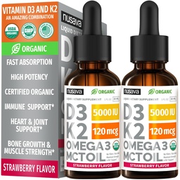 (2 Pack) Vitamina orgânica D3 K2 Drops 5000 UI com MCT Oil Omega 3 - Máxima Força Líquida D3 sem Enchimentos, Não-GMO para Absorção Mais Rápida, Suporte Imune (Strawberry, 2 Fl Oz)