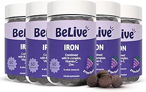 BeLive Pastilhas de ferro - Suplemento de ferro multivitamínico com vitamina C, A, B & Zinco, Suporta oxigênio de sangue, Vegan Suplementos para mulheres, homens e crianças para o crescimento e desenvolvimento - Grape Flavor