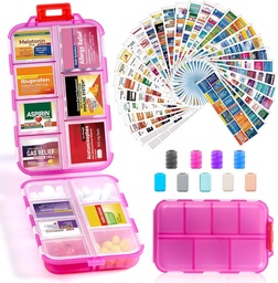 14 Grids caixa de organizador de pílulas de viagem com 415-Pcs medicina Nome Etiquetas - Pocket Daily Pharmacy Case Kit de recipiente - Dispensador Titular de medicamentos de viagem para armazenamento suplemento de vitamina de óleo de peixe - Limpar rosa