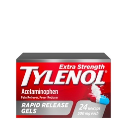 Geles de libertação rápida de acetaminofeno de força extra Tylenol, Relíever de dor de força extra e redutor de febre, Gelcaps com furos a laser, 500 mg de acetaminofeno, 24 ct