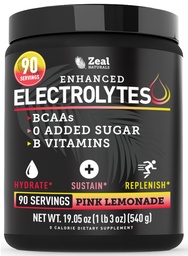 Zeal Naturals Electrolyte Powder Recovery Drink (90 Servings □ Limonada rosa) w 0 Açúcar + BCAAs + B-Vitaminas Eletrolyte Supplement w Potassium Zinc & Magnésio para Hydration - Keto Electrolytes