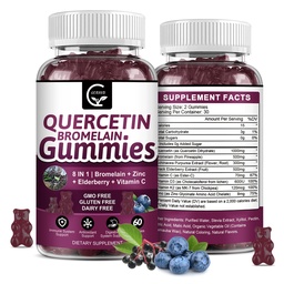 Quercetin Gummies com Bromelain 2378mg - Mistura com Elderberry, Echinacea Purpurea Extract, Zinco, Vitamina C,D3,K2, Suportes Complexos Imune, Cardiovascular & Respiratório, Gummy Vegan para Adulto & Kid