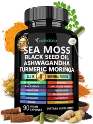 Adndale Sea Moss Black Seed Oil Ashwagandha Ginger Cápsulas. Cápsulas SeaMoss com óleo de semente preta, Ashwagandha, Açafrão, Moringa, Bexiga, Root Burdock, Manuka Honey, Canela