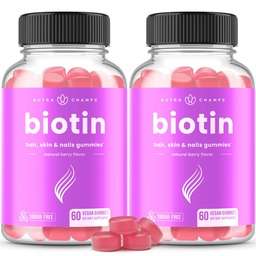 NutraChamps açúcar sem pastilhas de biotina 10000mcg [Alta potência] - Cabelo saudável, pele e unhas para as mulheres, homens e crianças - 5000mcg em cada chiclete - Vegan Hair Health Vitaminas Suplemento - Framboesa (2-Pack)