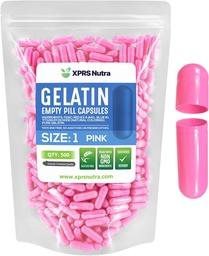 XPRS Nutra Tamanho 1 Cápsulas Vazias - 500 Count Cápsulas Esvaziadas de Gelatina - Pill DIY Cápsula Preenchimento - Pure Bovine Pill Gel Caps para Do-It-Yourself Suplementos (Pink)