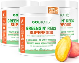 GOBIOTIX Super Greens and Reds Powder - Red and Green Superfood - Suplemento Probiótico - Enzimas Digestivas e Raiz de beterraba em pó - Alimentos Orgânicos inteiros Suplemento dietético (Mango, 3 Pack)