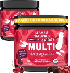 Llama Naturals Kids Multivitamin Gummies, Vegan, Orgânico com vitamina D, C & K, Toddler verdadeira frutas vitaminas Gummy, Suplemento mastigável, Multivitamin de alimentos inteiros, Não adicionado cana de açúcar, Cereja, 2 Pk