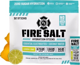 Fire Science Fire Salt Hydration Sticks, Eletrólitos & Água de coco, Hydration Drink Mix com Magnésio, Potássio & Sódio, Açúcar Zero, Sirva única no pacote Go, Limão sabor, 32 Contagem
