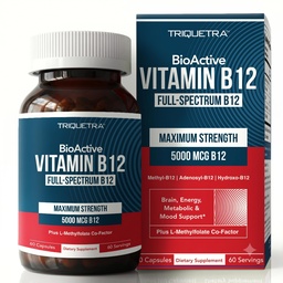 BioActive Vitamina B12 - 5000 mcg, contém 3 BioActive Forms B12 Plus Metilfolato Cofactor - Metil B12, Adenosyl B12 & Hydroxy B12 Suporta Energia, Metabolismo & Mood .