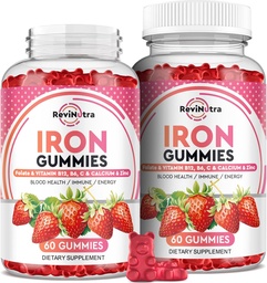 Pastilhas de ferro - com cálcio, zinco, folato e vitamina B12, C, B6 para adultos e crianças - Blood Builder & Energy Support for Iron Deficiency, Anemia, Vegan - 2 Pacote Sabor de morango, 60 Gummies