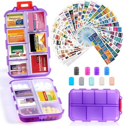 14 Grids caixa organizador de pílulas de viagem com 415-Pcs medicina Nome Etiquetas, caixa de farmácia diária de bolso, Kit dispensador titular de medicamentos de viagem para armazenamento suplemento de vitamina de óleo de peixe - Limpar roxo