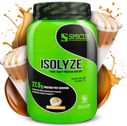 Espécie Nutrição Isolyze Whey Protein Powder, 100% Whey Isolate para construção muscular, 27,5g Protein Per Scoop, No Sugar & Low Fat (Caramel Macchiato, 22 Servings)