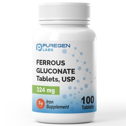 Puregen Labs Gluconato Ferroso 324 mg [Alta Potência] Suplemento de Ferro, Gentil no Estômago - 100 comprimidos
