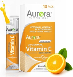 Aurora Nutrascience Micro-Pack Vitamina C lipossomal, Suporte imunológico, 1.000 mg por serviço, Vegan, Sem glúten, Não-GMO, 10 Pacotes de serviço único, Laranja
