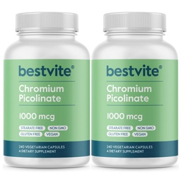 BESTVITE Picolinato de Crómio 1000mcg (480 Cápsulas vegetarianas) (240 x 2) - Sem Estearato - Sem Fosfato de Dicálcio - Vegan - Glúten Livre - Não-GMO