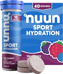 Nuun Sport Eletrolyte Tablets com magnésio, cálcio, potássio, cloreto e sódio, Gluten Free & Vegan, Tri-Berry, 4 Pack (40 Servings Total)