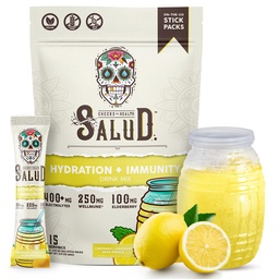 Salud 2-em-1 Pacotes de Hidratação + Imunidade Eletrólitos Pó, Limonada - Agua Fresca Drink Mix, Elderberry, Laticínios e Soja Grátis, Não-GMO, Glúten Livre, Vegan, Baixa Caloria, 1g Açúcar (15 Servings)