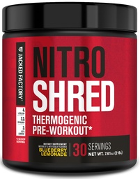Fábrica Jacked NITROSURGE Shred Pre Treino Suplemento - Fortalecedor de energia, Ganhos de força instantâneos, Sharp Focus, Bombas poderosas - Nitric Oxide Booster & PreWorkout Pó - 30Sv, Limonada de mirtilo