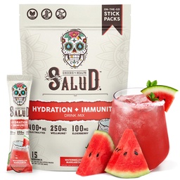 Salud 2-em-1 Hidratação e imunidade Eletrólitos Pó, Melancia Margarita - 15 Servings, Agua Fresca Drink Mix, Elderberry, Dairy & Soy Free, Não-GMO, Gluten Free, Vegan, Baixa Caloria, 1G Açúcar