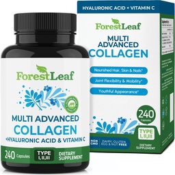 ForestLeaf Multi Collagen Pills - Colágeno Homens & Colágeno Mulheres - Suplementos de Colágeno Hidrolisado com Vitamina C & Ácido Hialurônico - Cápsulas de Colágeno para Cabelo, Pele e unhas (240 Cápsulas de Peptídeo)