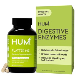 HUM Flatter Me Digestive Enzimas para Mulheres e Homens, Digestive Health Bloating Supplement with Ginger & Peppermint Leaf, Fast Action Anti Bloat Pills Multi Enzyme for Debloating, Vegan, 60 Cápsulas
