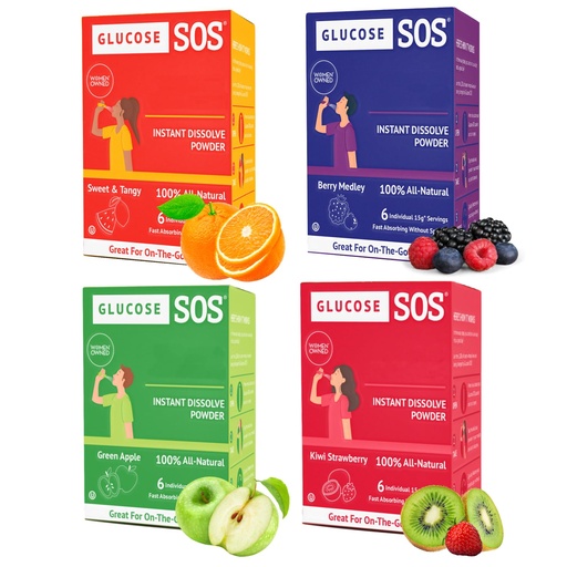 Glicose SOS Embalagens de glucose com dextrose natural, rápida absorção que dissolve instantaneamente na boca sem necessidade de água, 4 Sabor Variety 24 Servings