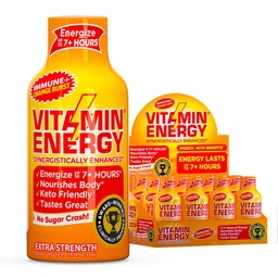 Vitamina Energia Imune+ Força extra Energia Shot Laranja Burst 12 Pack, 260mg Cafeína Natural, B-Vitaminas, Citicolina, Chá Verde, Imunidade e Foco Suporte, Açúcar Zero, Sem glúten 1,93 fl oz