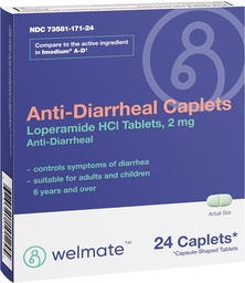 WELMATE - Caplets antidiarreicos (24 Caplets) - Loperamida HCL 2 mg - Diarrhea Symptom Reliever - Reliever Estómago Perturbado - Anti Diarhea Pills - Over-The-Counter Medication