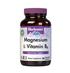 Bluebonnet Nutrition Magnésio & B6 – 400 mg Óxido de magnésio e aspartato com vitamina B6 25 mg – Coração & cérebro Magnésio Complexo para Mulheres e Homens* - Não-GMO, Vegan, Gluten-Free - 90 Cápsulas Vegetais