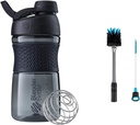 BlenderBottle SportMixer Shaker garrafa perfeita para batidos de proteína e pré-treino, 20-onça, preto e 2-em-1 Shaker garrafa e palha escova de limpeza, 1 pacote, cinza