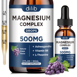 Gotas líquidas de glicinato de magnésio, suplemento de glicinato de magnésio 500mg com citrato, malato, Ashwagandha, L-teanina, vitamina B6 para sono, alívio do estresse, osso, músculo, humor, sabor de uva 2 Fl Oz